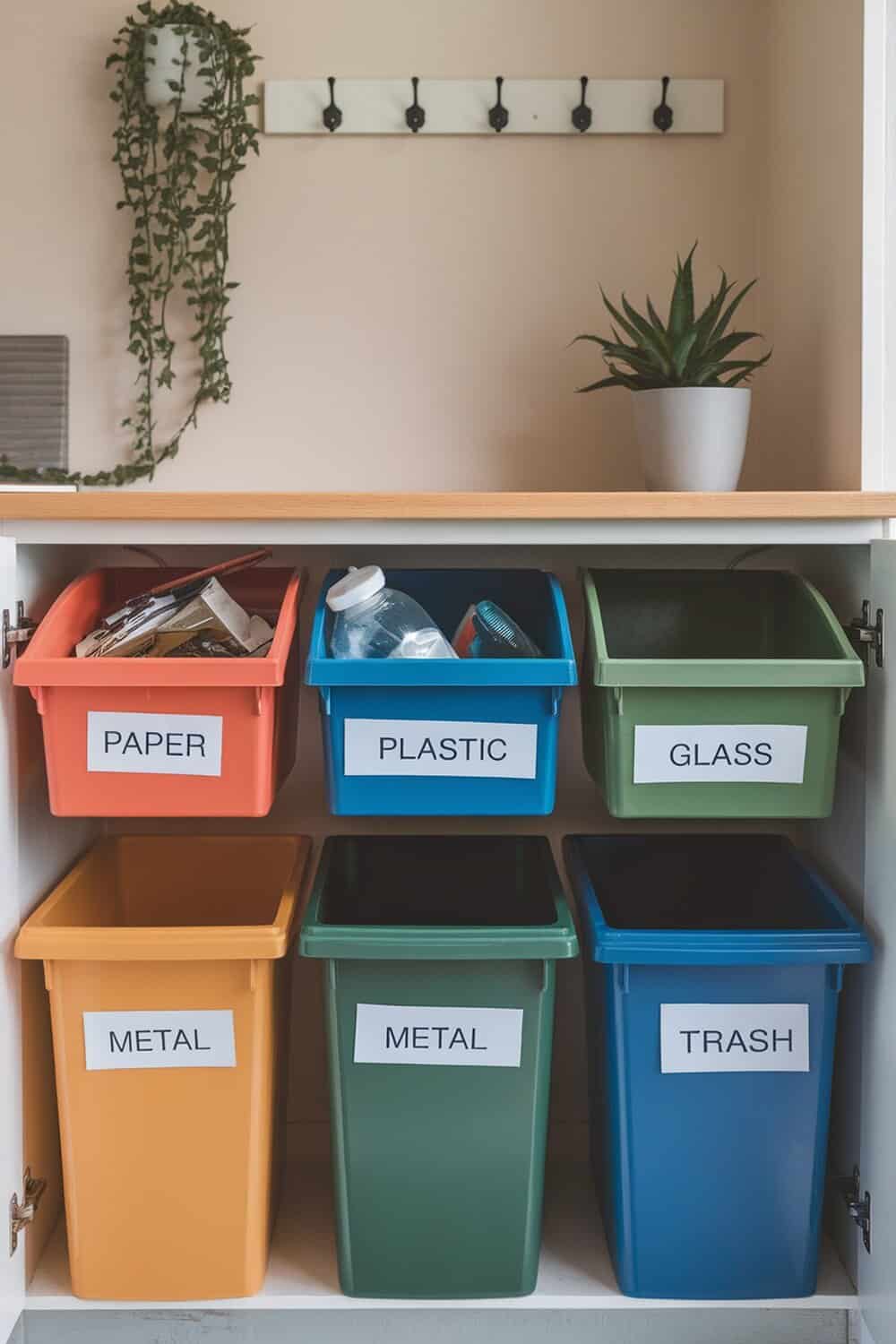A kitchen recycling station with labeled bins for paper, plastic, glass, and metal.