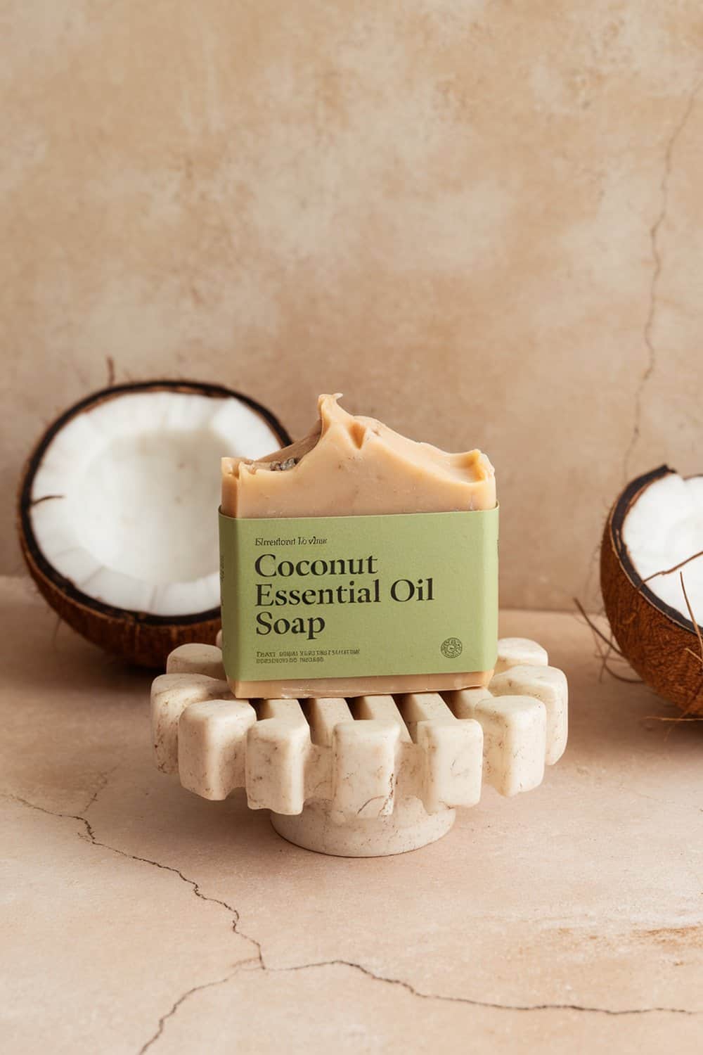 A bar of Coconut Essential Oil Soap displayed on a stone holder, with coconut halves in the background.