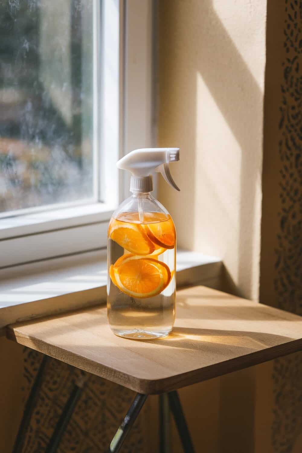 A spray bottle filled with water and orange slices sitting on a wooden table near a window.