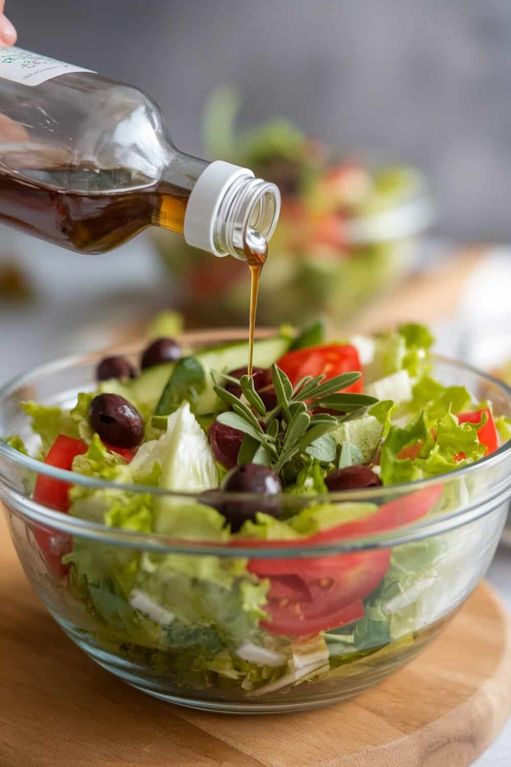 A bottle of vinegar being poured over a fresh salad with greens, tomatoes, and olives.