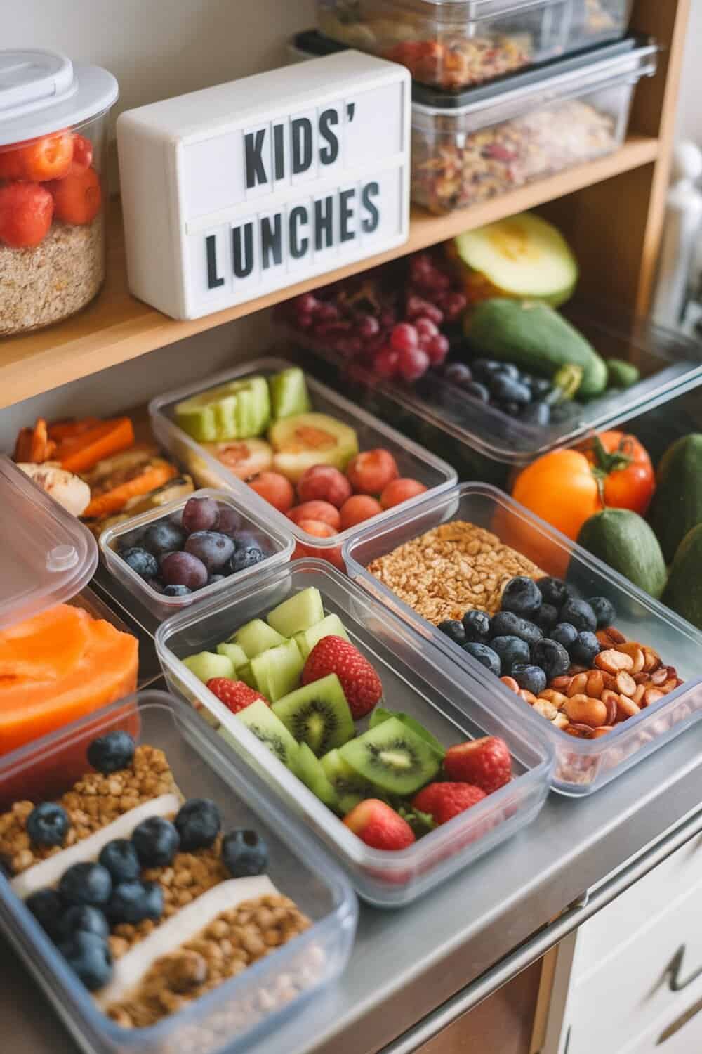 Organized meal prep containers filled with fruits, vegetables, and snacks for kids.