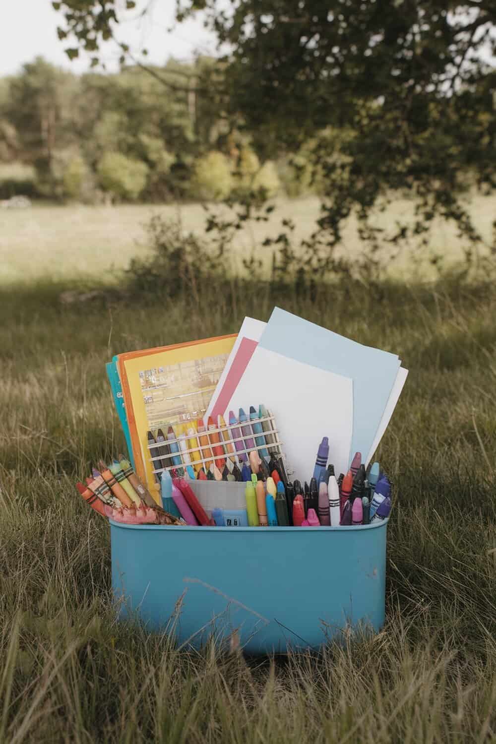 A blue caddy filled with various art supplies like crayons, markers, and paper, set in a grassy area.