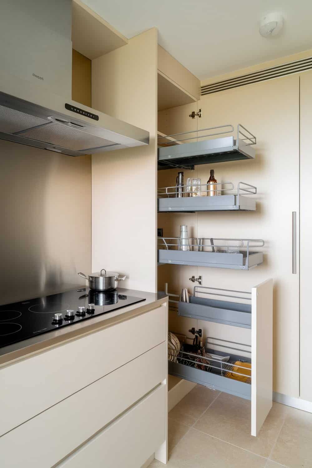 Modern kitchen storage with pull-out shelves and drawers.