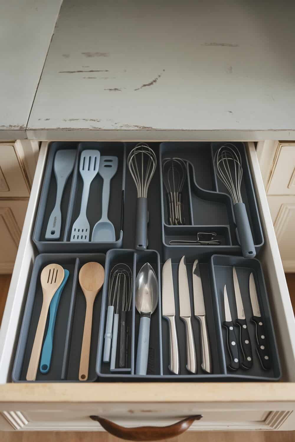 A neatly organized kitchen drawer with utensils and tools arranged in compartments.