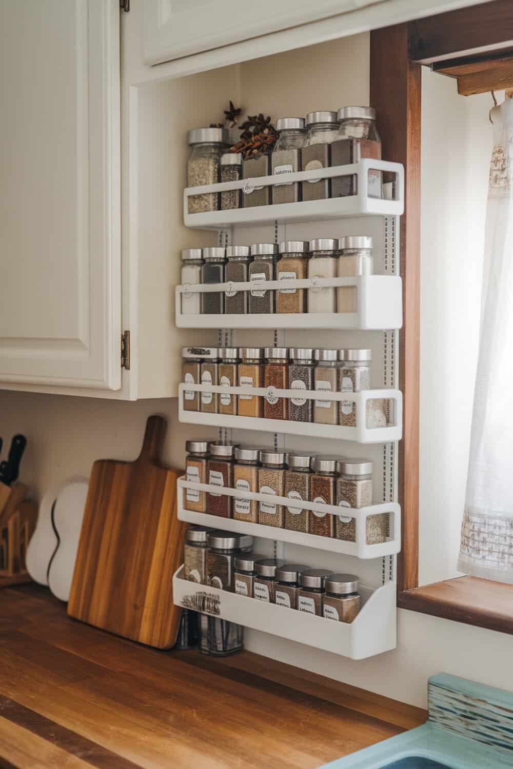 Organized spice jars in a kitchen cabinet on a tiered rack.