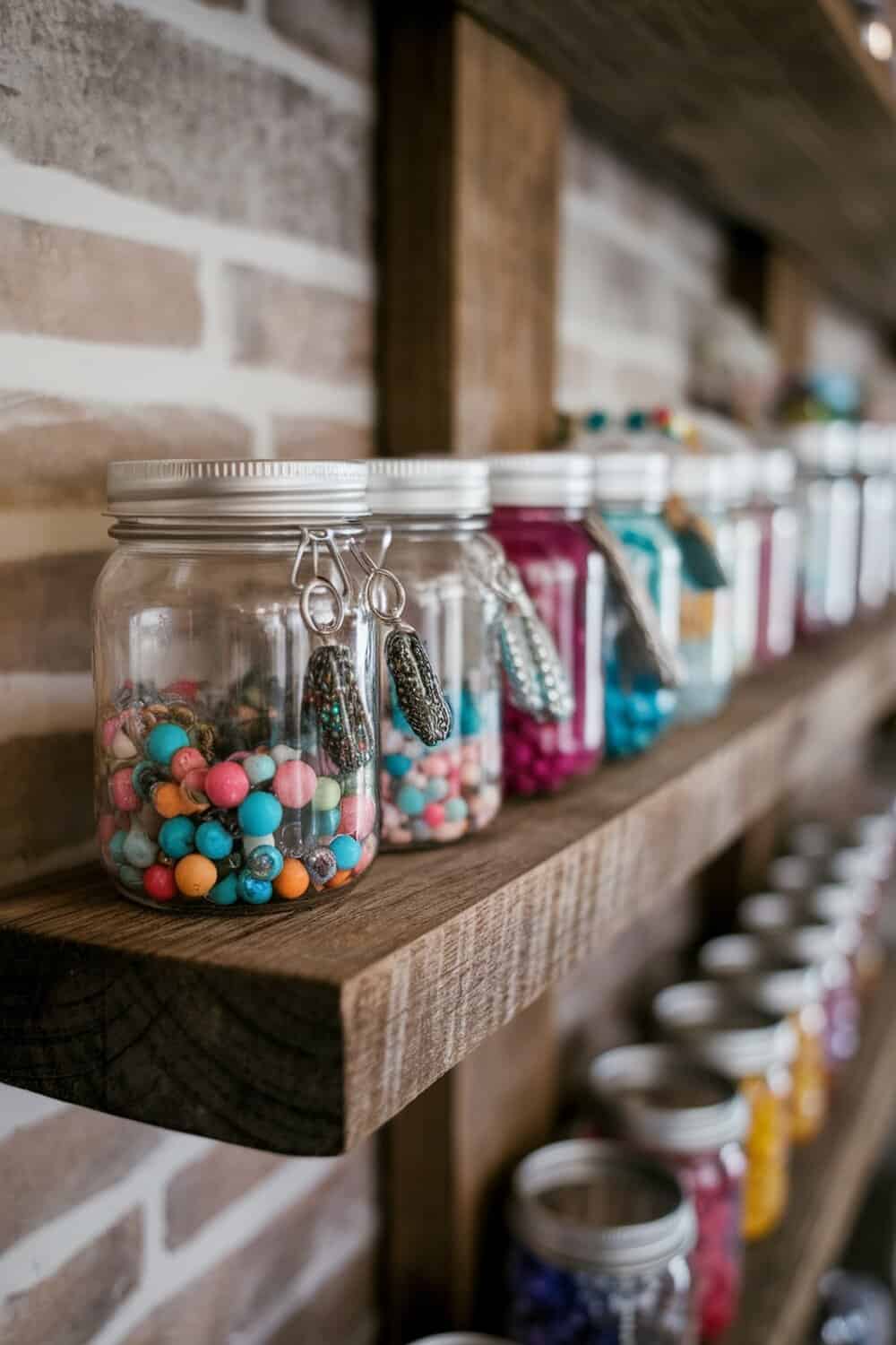 Colorful beads stored in mason jars on a wooden shelf.