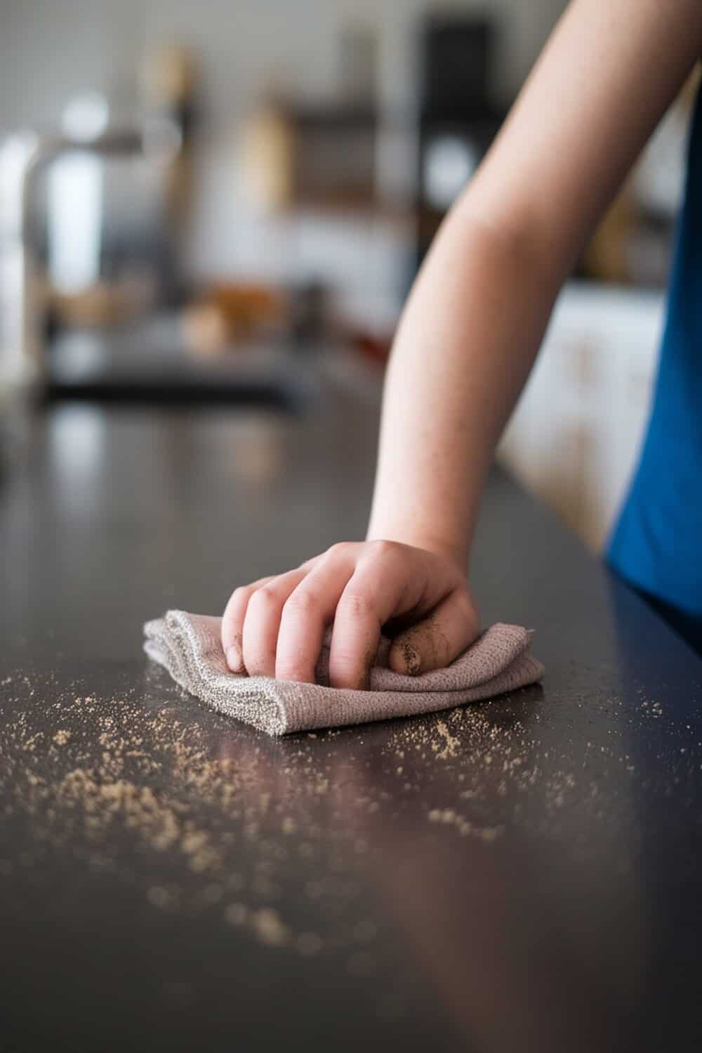 A person cleaning a surface with a dirty cloth, showing dust and debris.