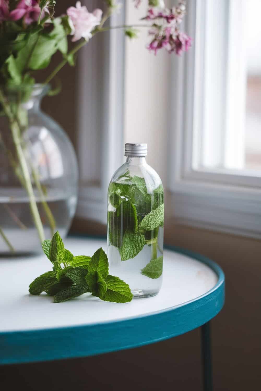 A glass bottle filled with water and fresh mint leaves, placed on a table with flowers in the background.