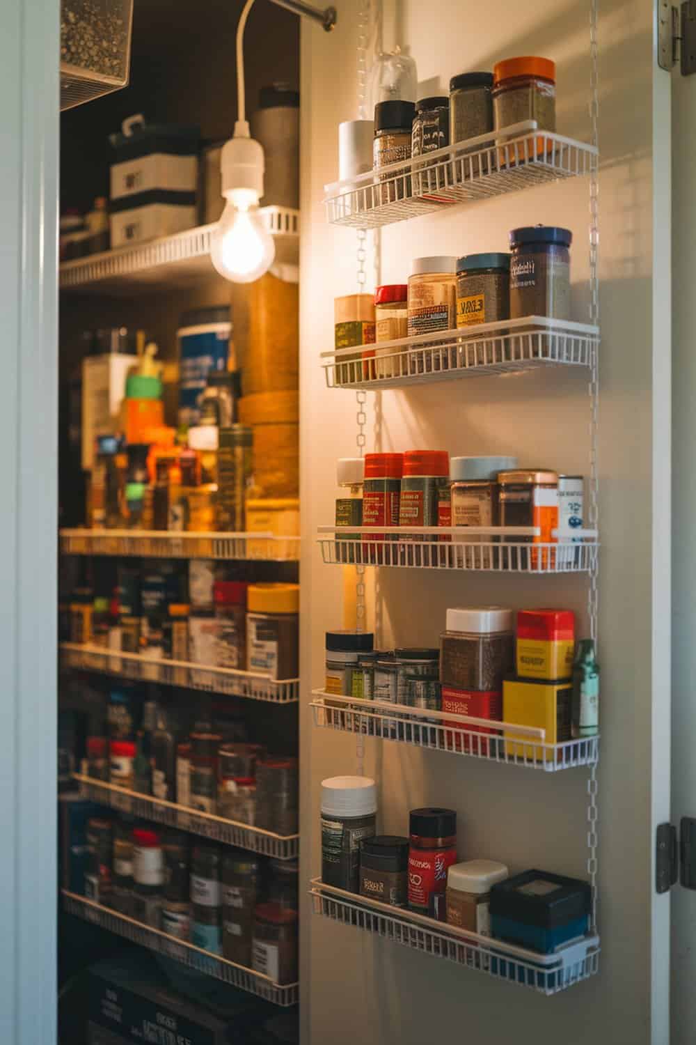Organized pantry door with spice racks and containers.