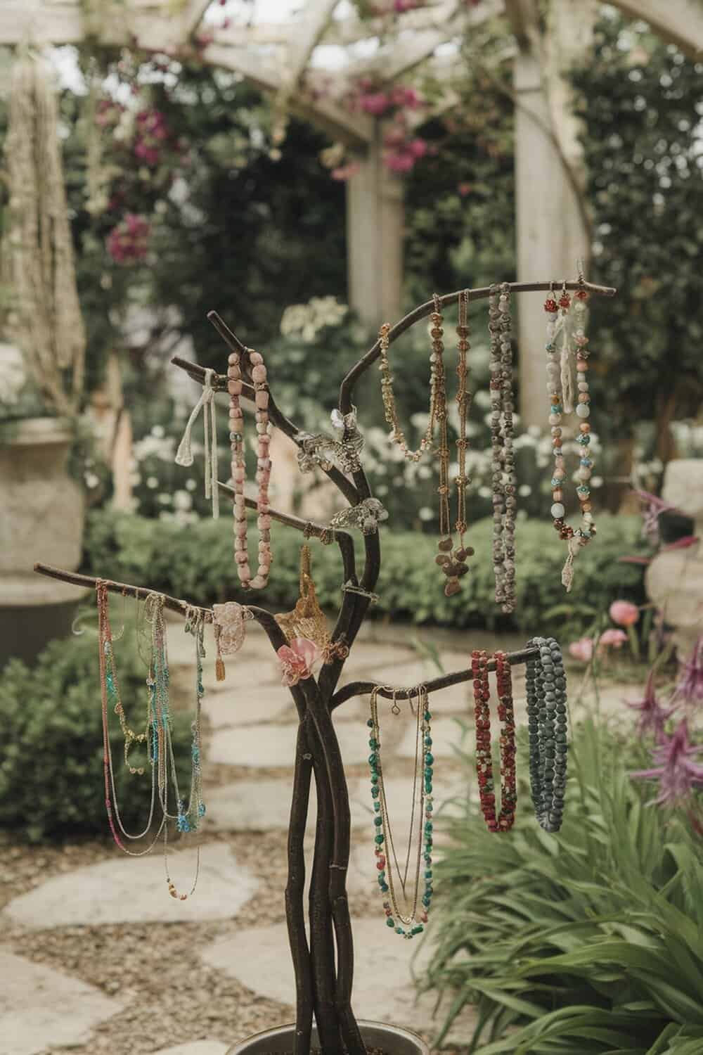 A DIY jewelry tree displaying various necklaces in a garden setting.