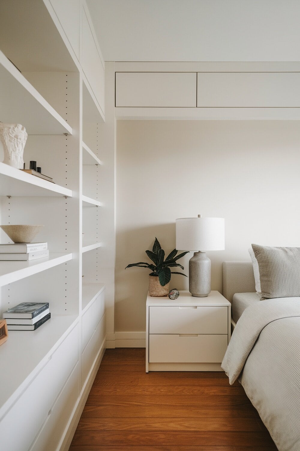 A minimalist bedroom with white shelves and a bedside table.
