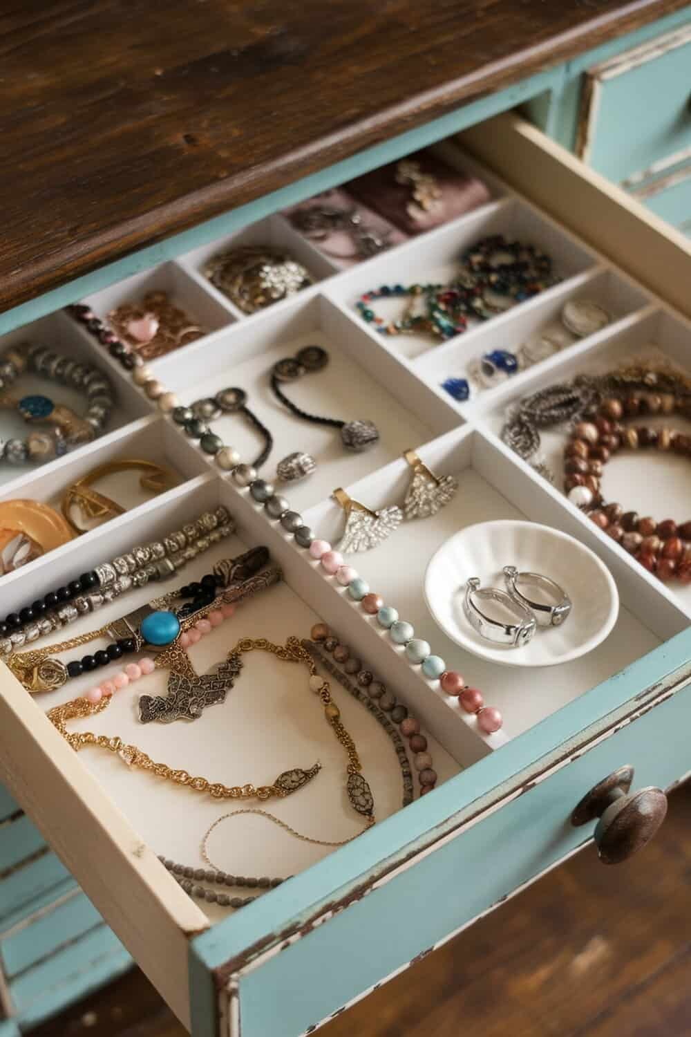 An organized drawer filled with various jewelry pieces, showcasing a mix of necklaces, bracelets, and earrings.