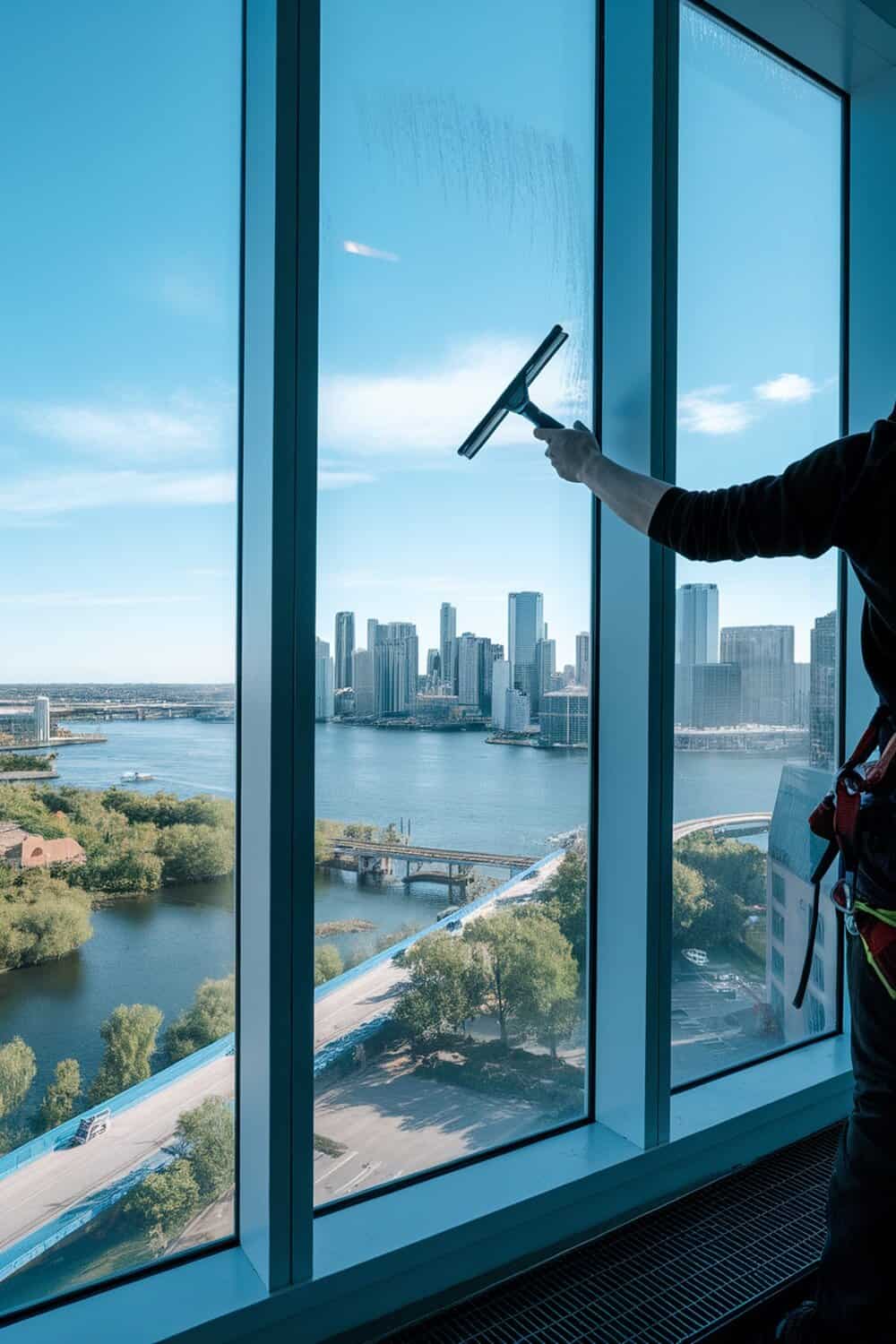 A person cleaning a large window with a squeegee, revealing a city skyline and river view.