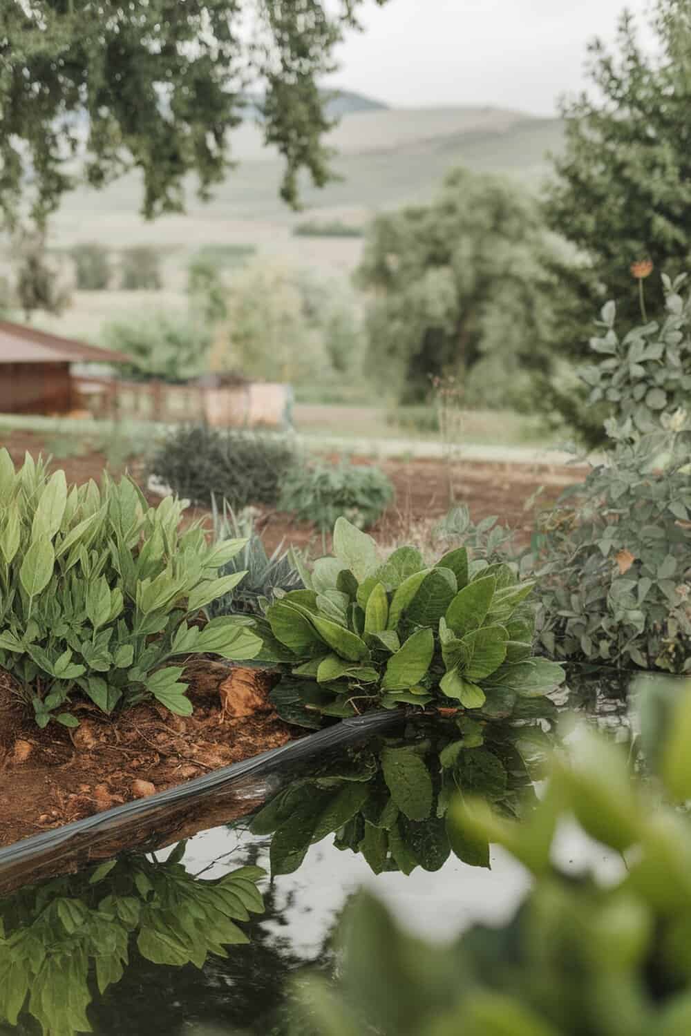 A lush garden with various plants and a reflective water feature.
