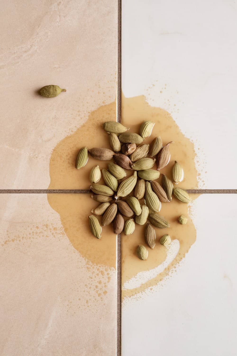 Cardamom seeds spilled on tiled floor with grout.
