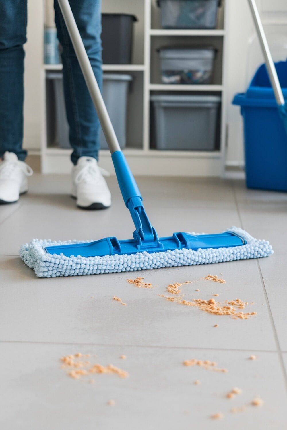 A person mopping a floor with crumbs visible on the surface.