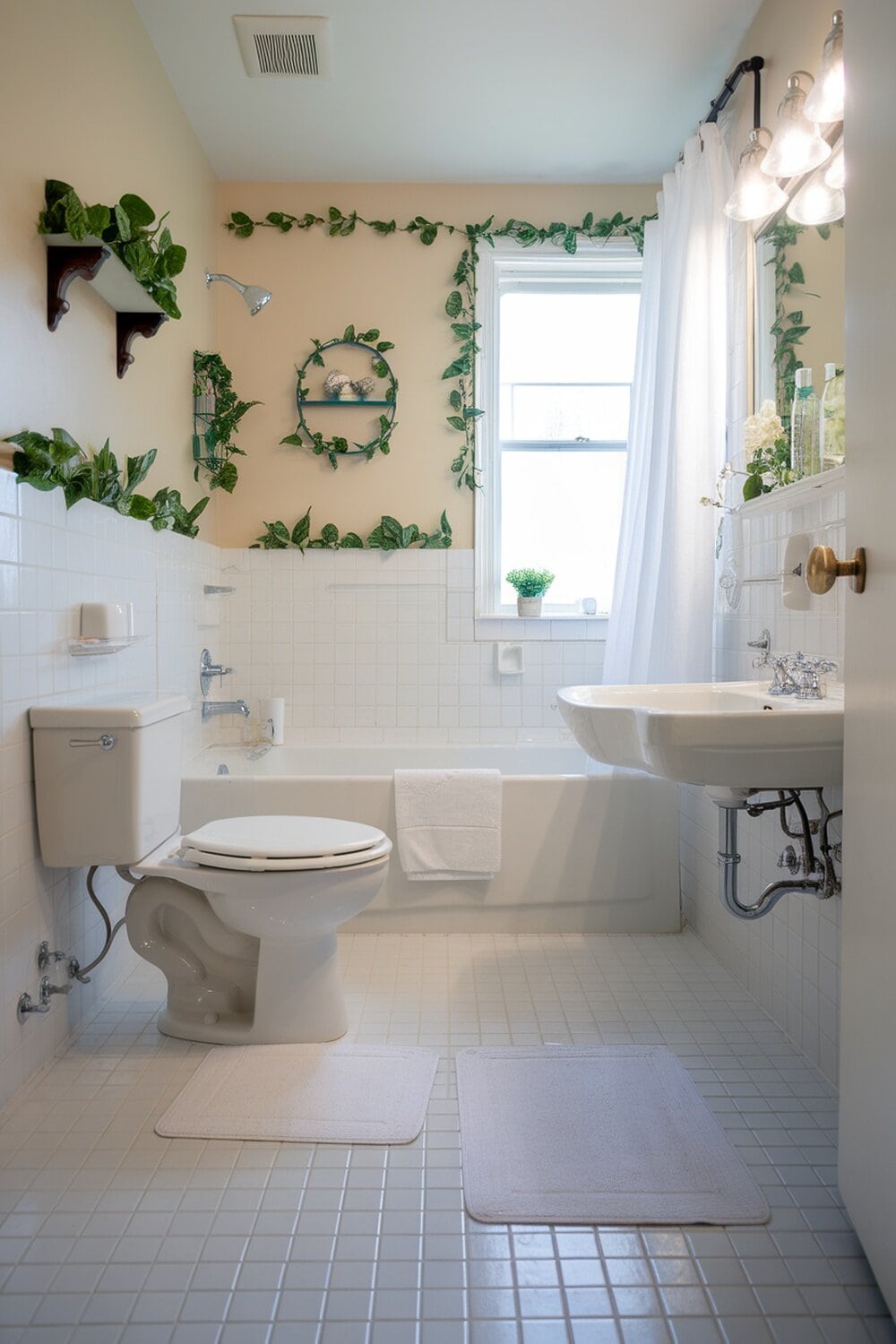 A clean and organized bathroom with plants and natural light.