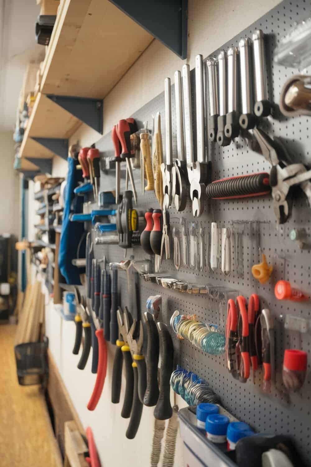 A wall with various small tools organized on magnetic strips.
