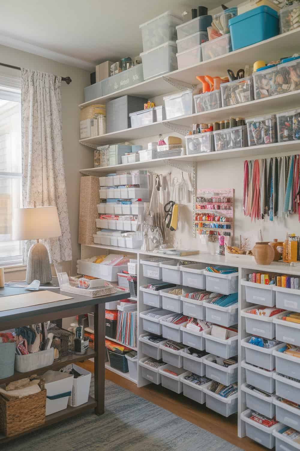 A well-organized craft space with shelves and bins for storage.