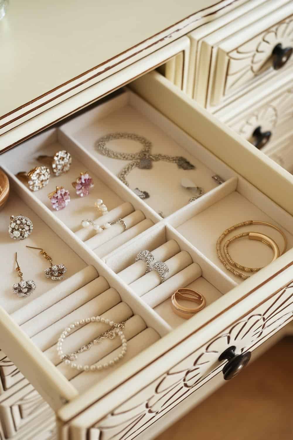 Organized jewelry drawer with dividers for earrings, rings, and bracelets.