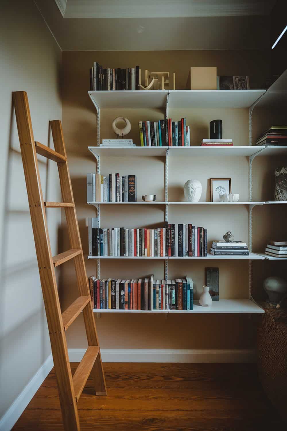 A cozy small closet featuring wall-mounted shelves filled with books and decorative items.