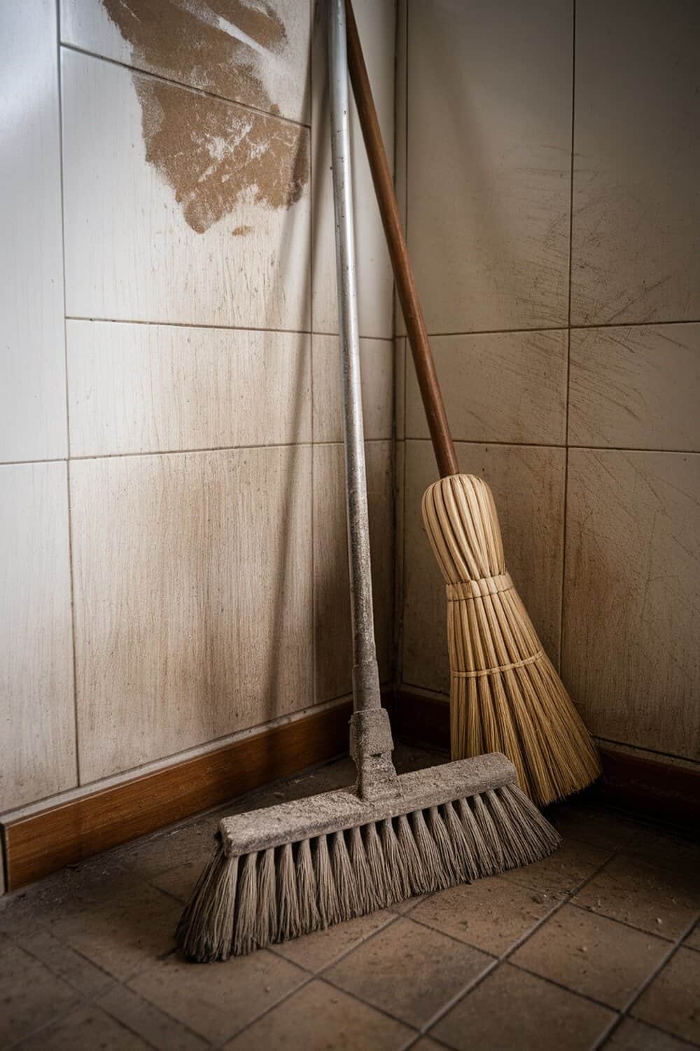 A dirty broom and a dustpan leaning against a wall, highlighting the importance of cleaning tools.