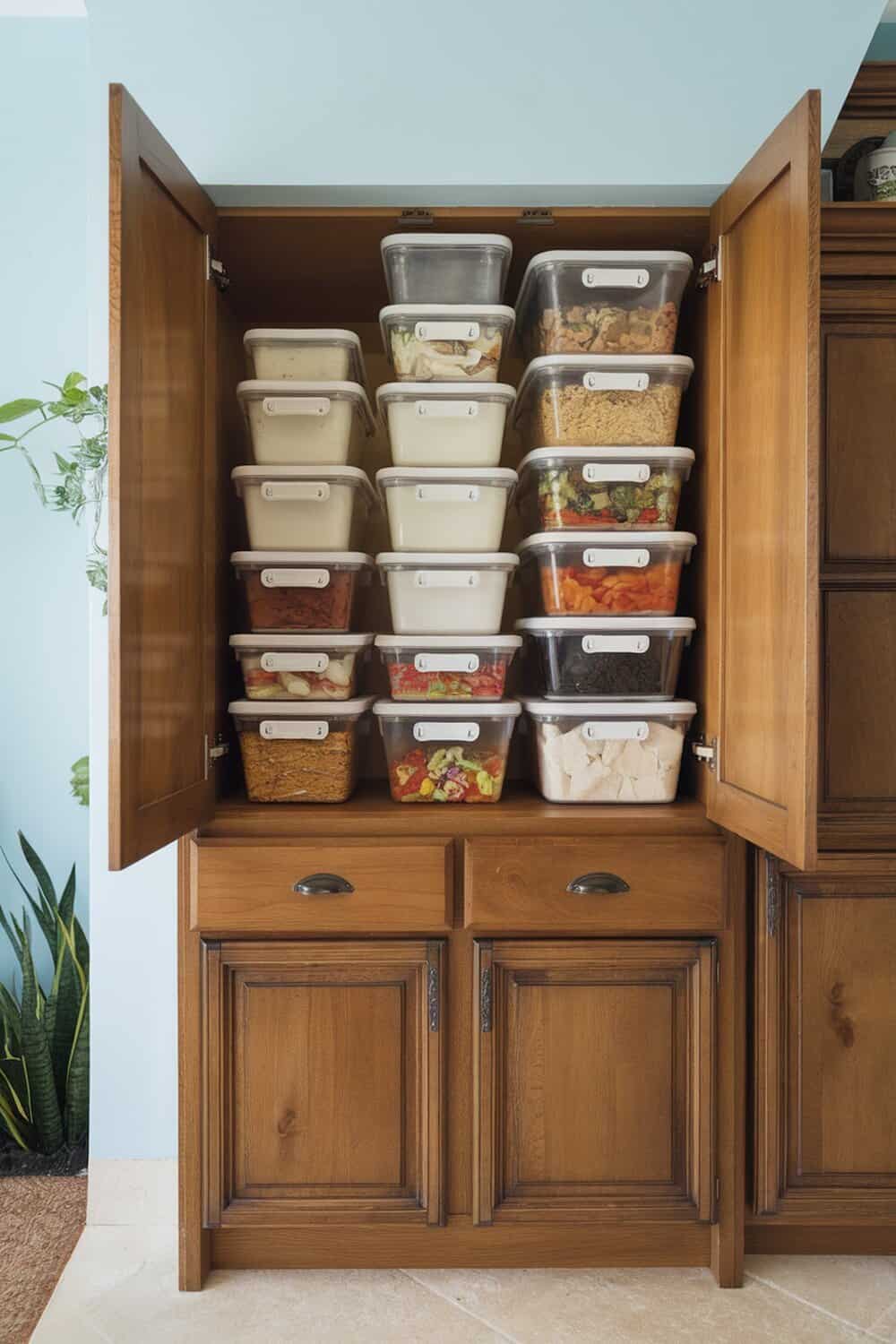 Organized kitchen cabinet with neatly stacked food storage containers.