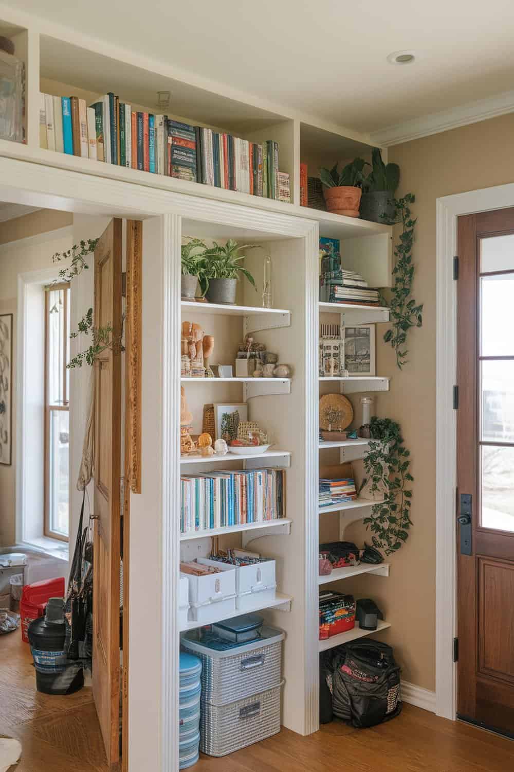 Shelves above a doorway filled with books and plants, showcasing innovative storage solutions.