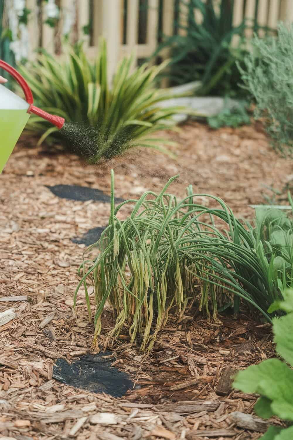 A person spraying vinegar on weeds in a garden.