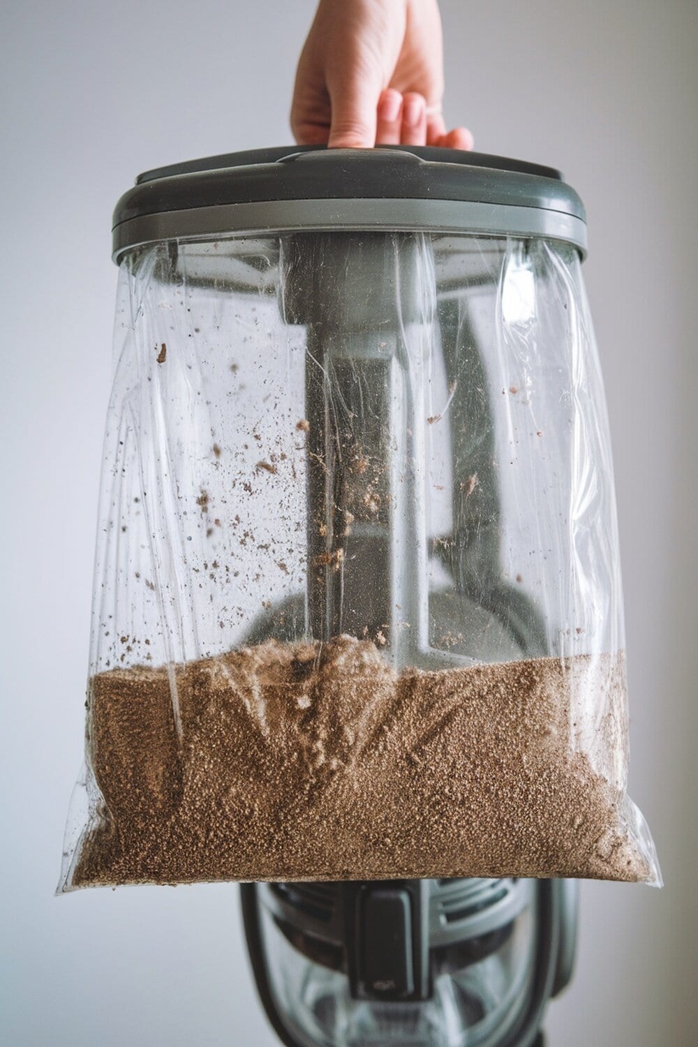 A hand holding a vacuum bag filled with dirt and debris.