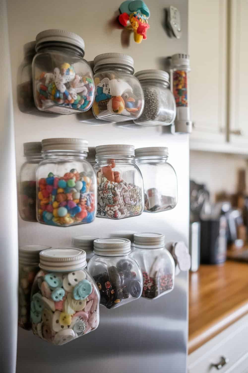 Magnetic spice jars filled with colorful small items on a fridge.