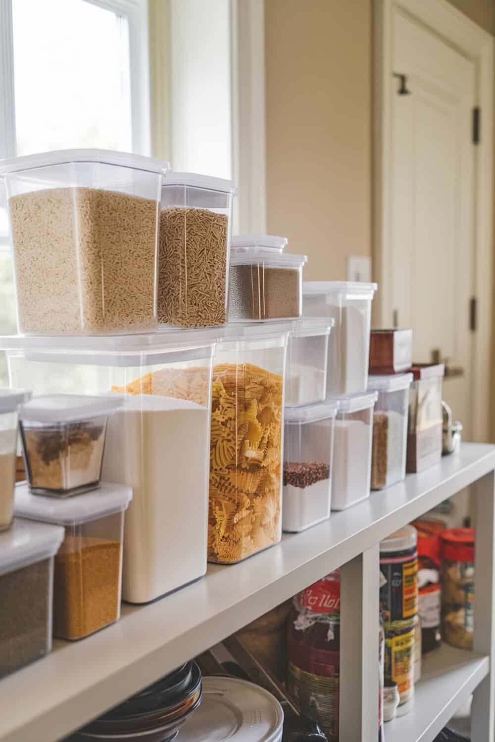 Clear containers filled with various dry ingredients on a kitchen shelf.