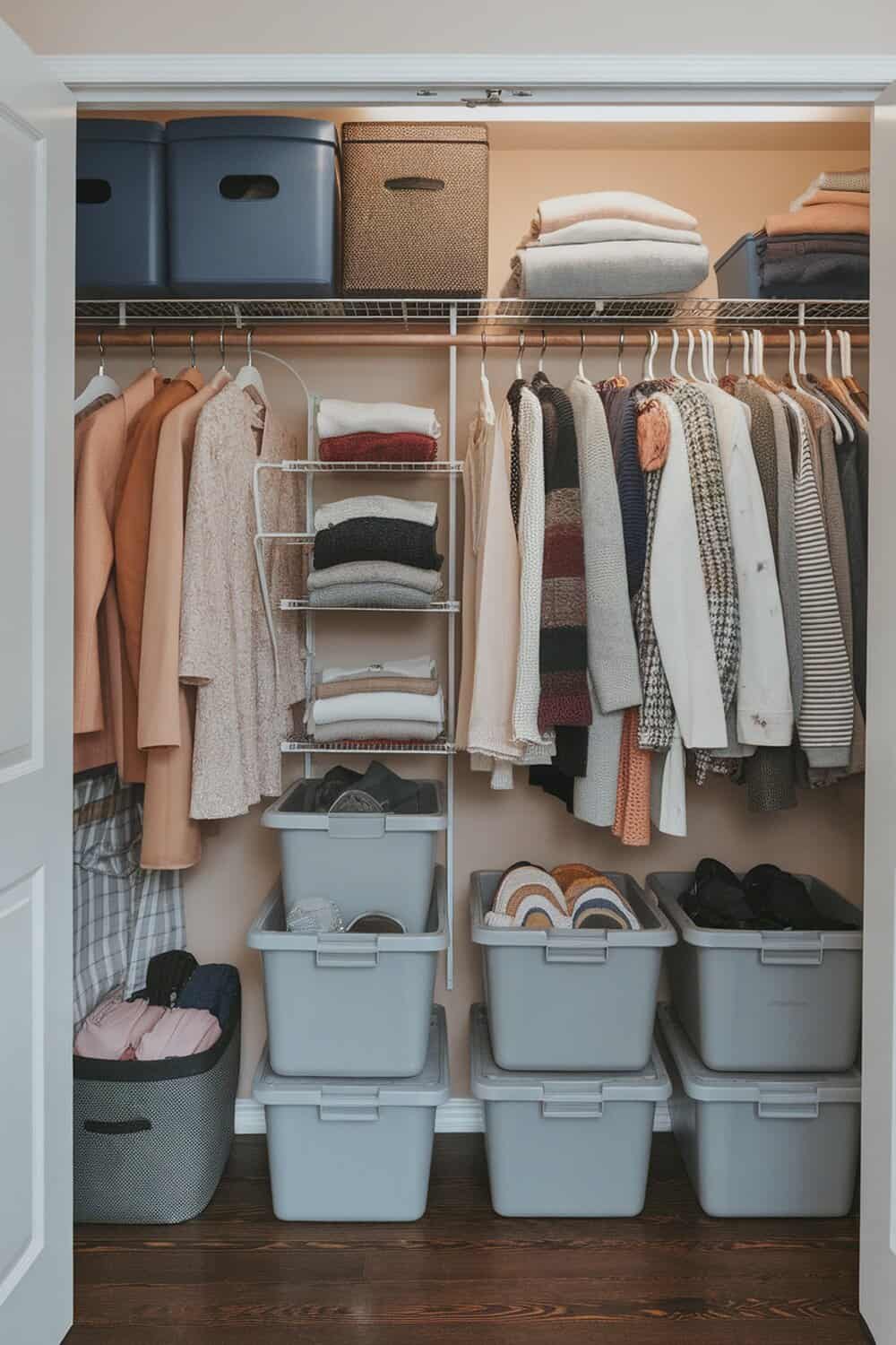 Organized closet with seasonal clothing and storage bins