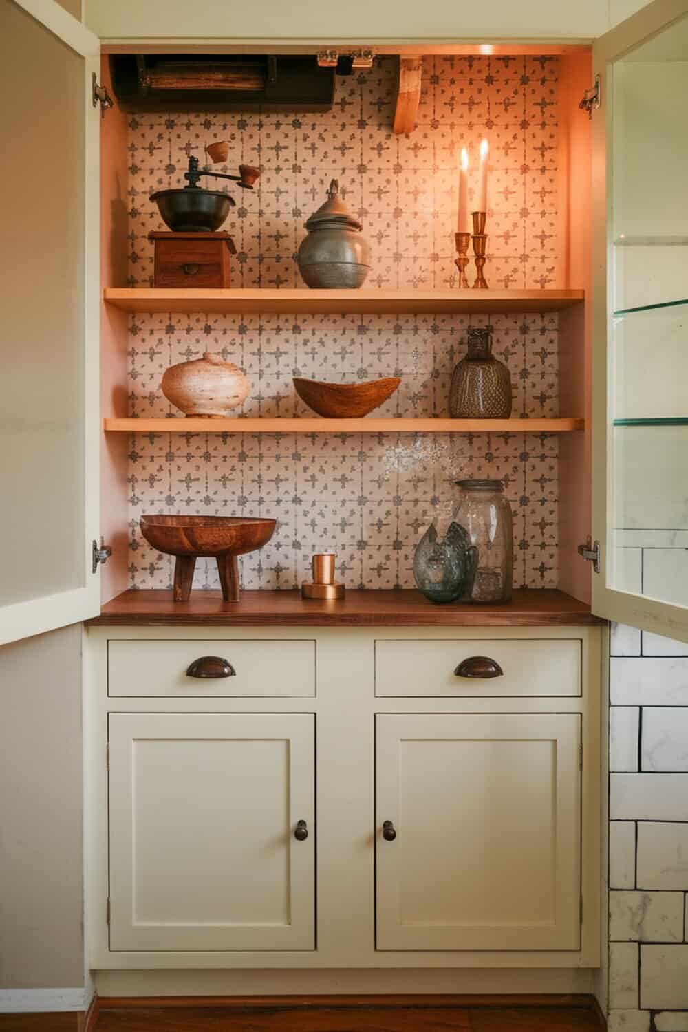 Organized kitchen cabinet with decorative items and bowls.