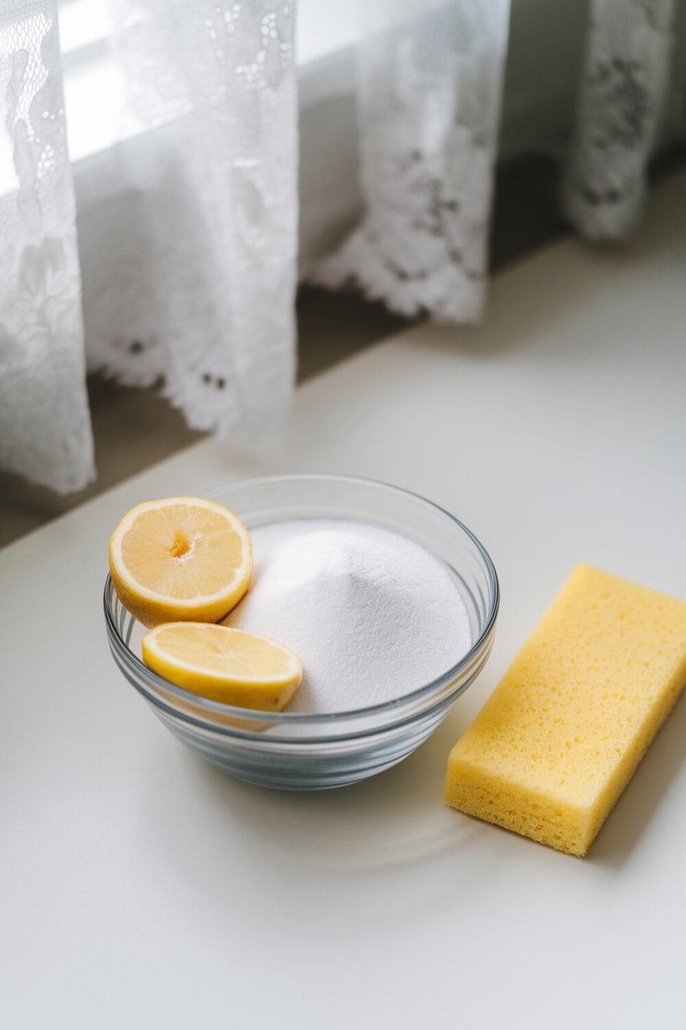 A bowl with baking soda, two lemon halves, and a yellow sponge on a table by a window.