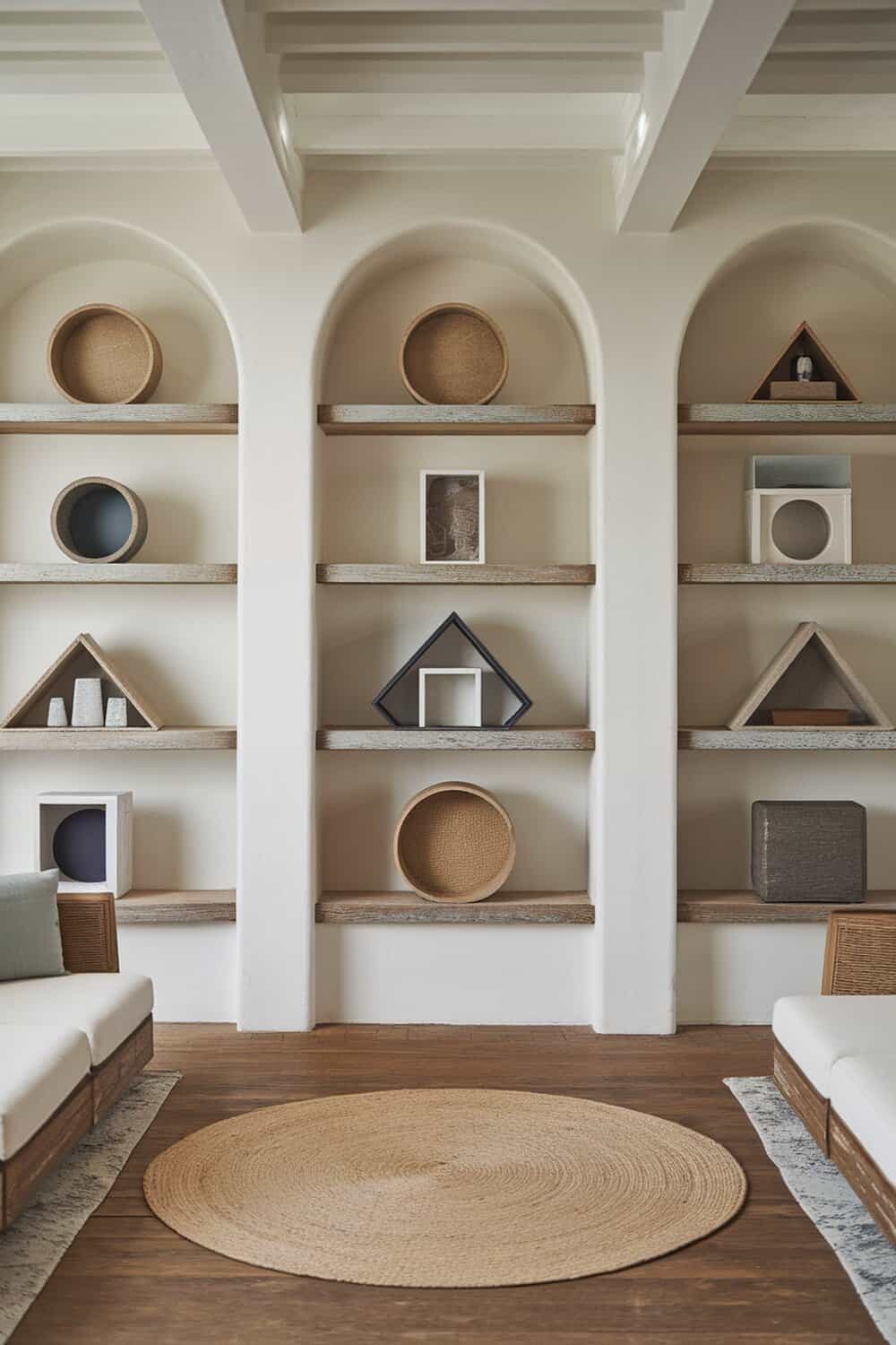 A stylish room with decorative boxes on shelves for storage.