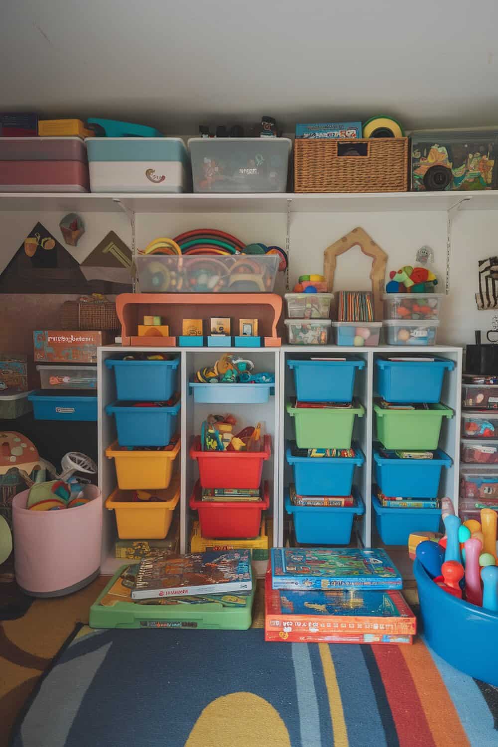 A well-organized playroom with colorful storage bins and shelves.