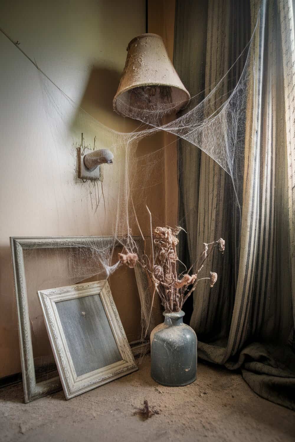 A dusty room with cobwebs, a broken lamp, and dried flowers in a vase.