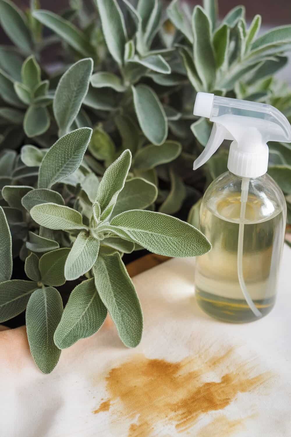 A bottle of sage stain remover next to fresh sage leaves and a stained cloth.