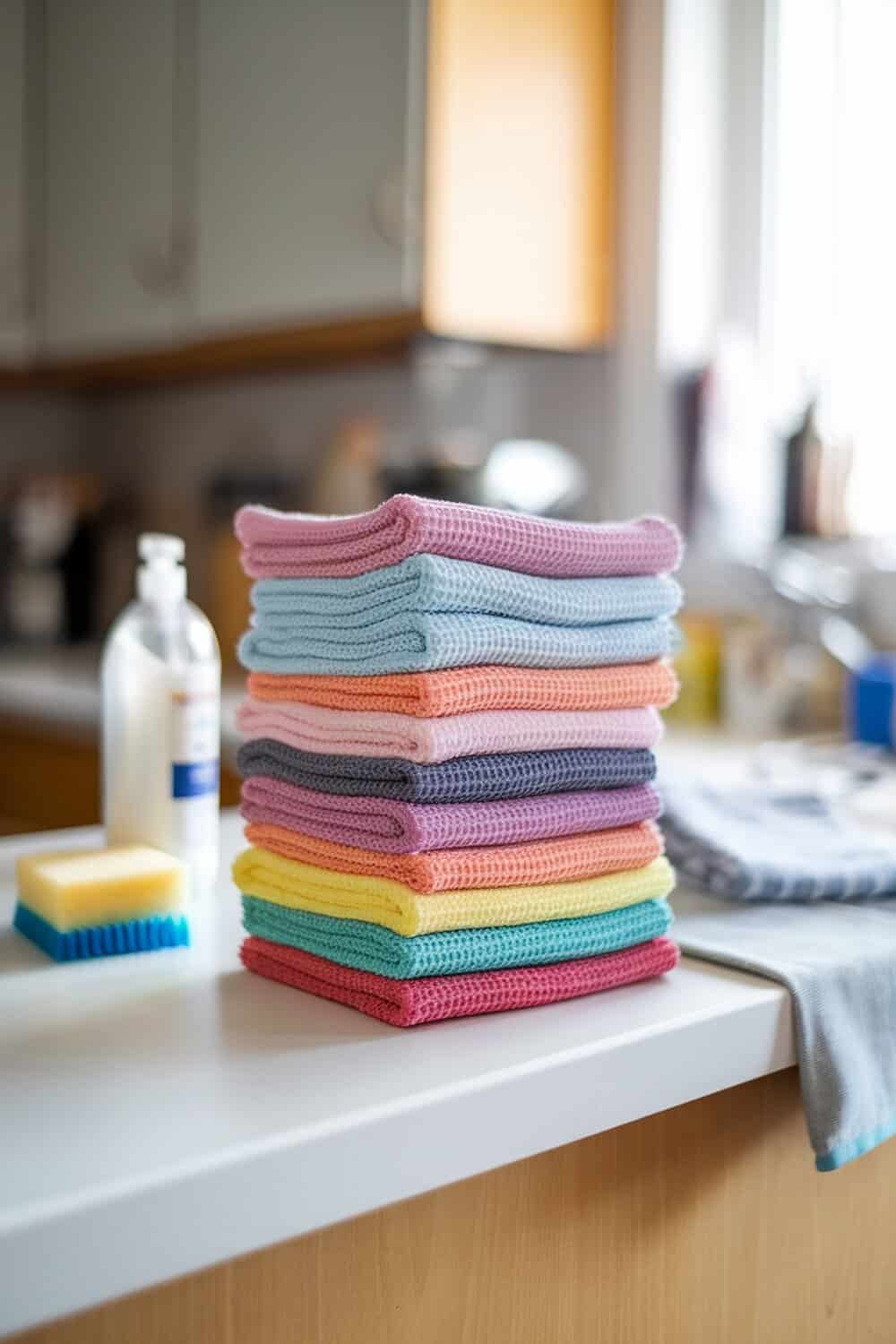 A stack of colorful microfiber cloths on a kitchen counter.