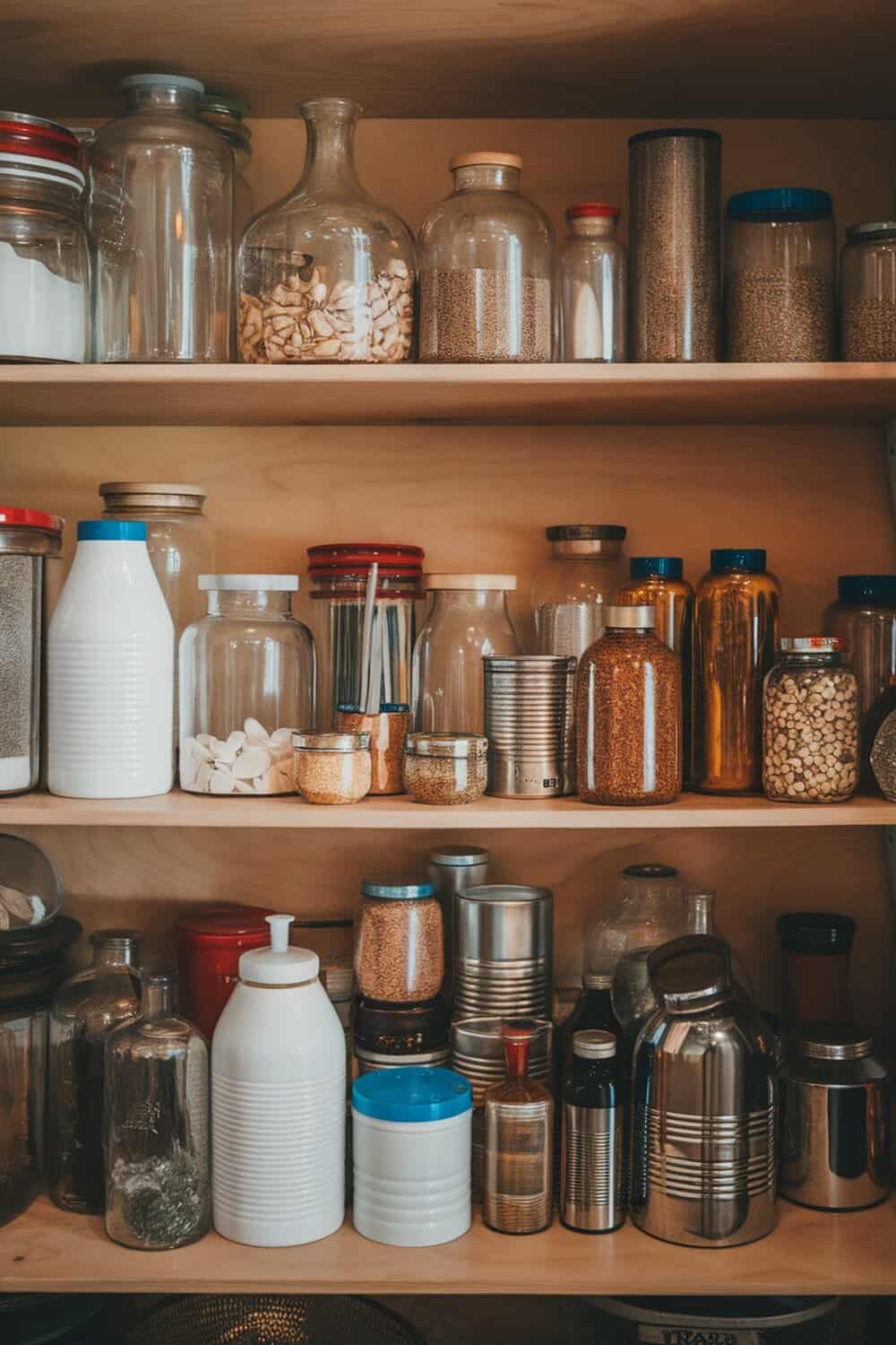 A well-organized pantry shelf with various containers including glass jars, metal tins, and plastic bottles.