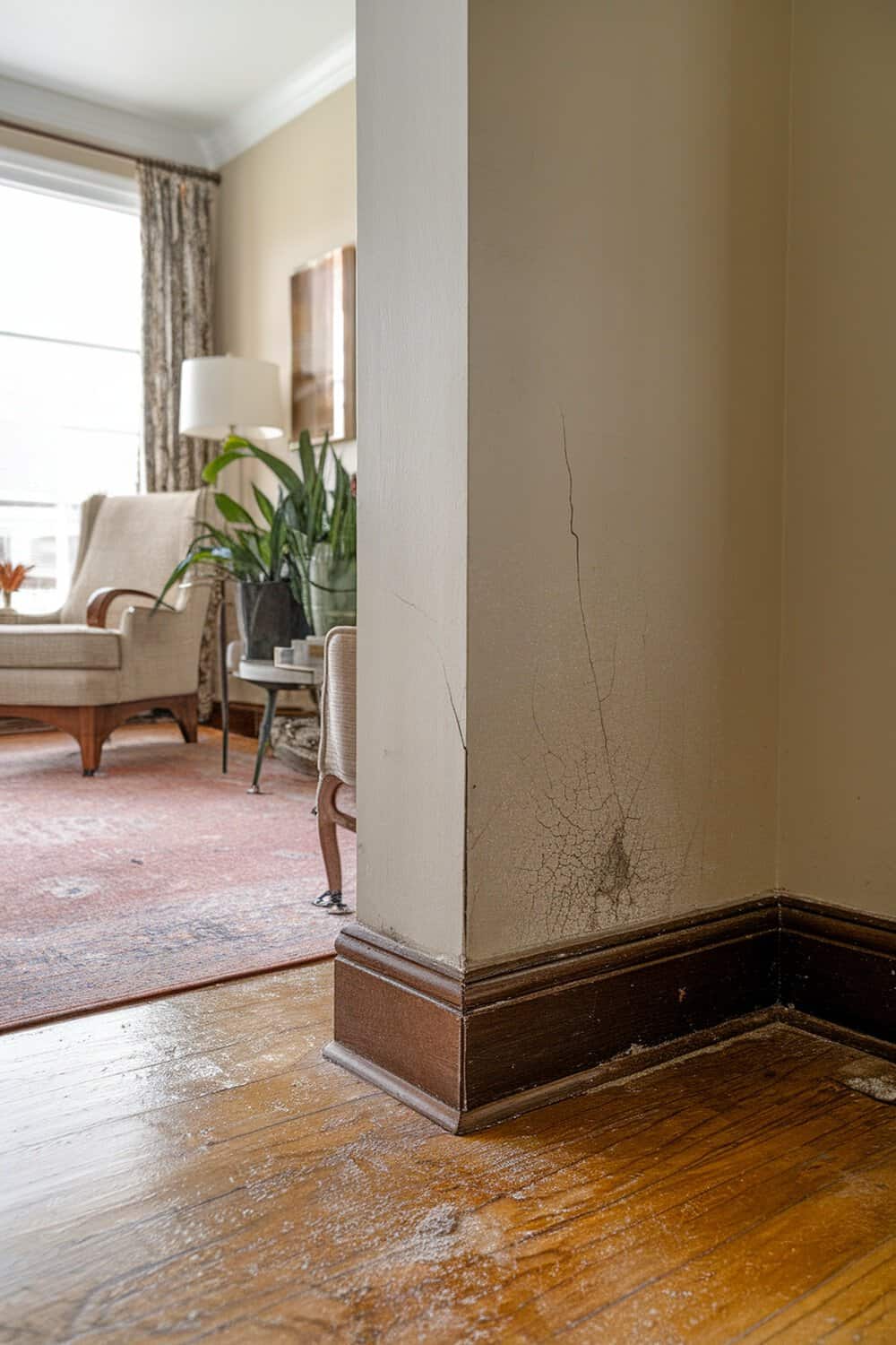 A corner of a living room showing dusty baseboards and a wooden floor.