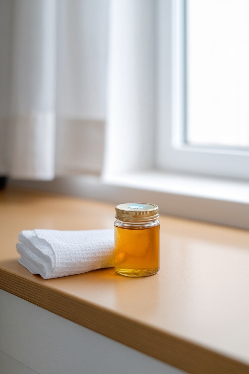 A jar of flaxseed oil next to a clean cloth on a windowsill.