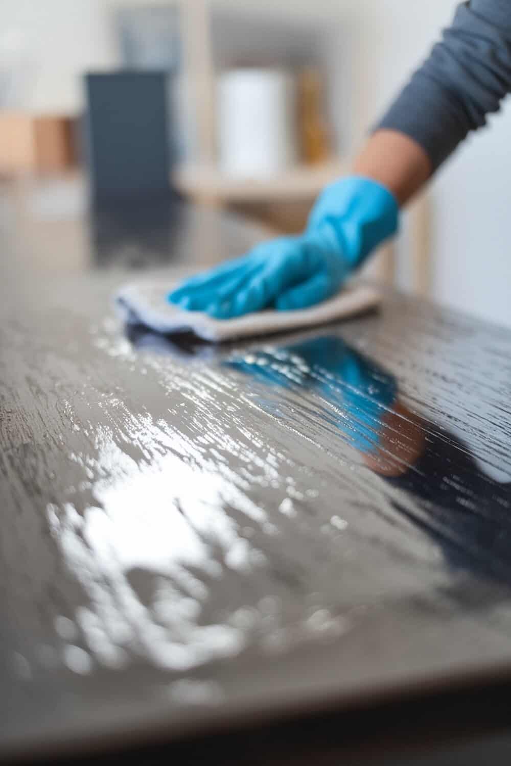 A person cleaning a shiny surface with a cloth.