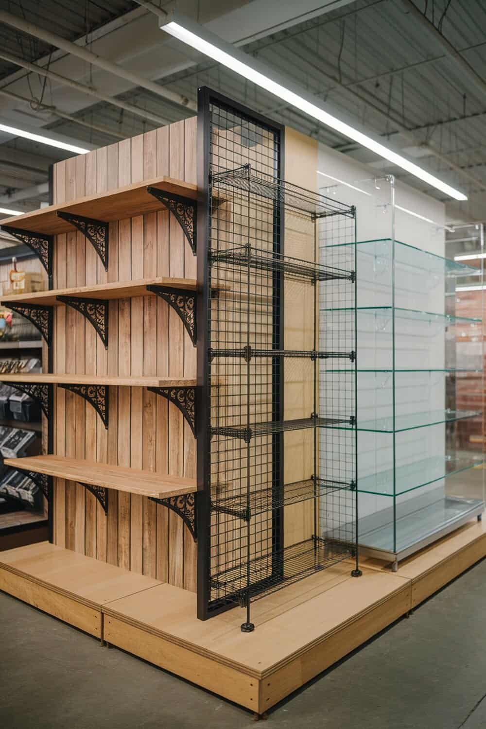 Stylish shelving units made of wood and metal for pantry organization.