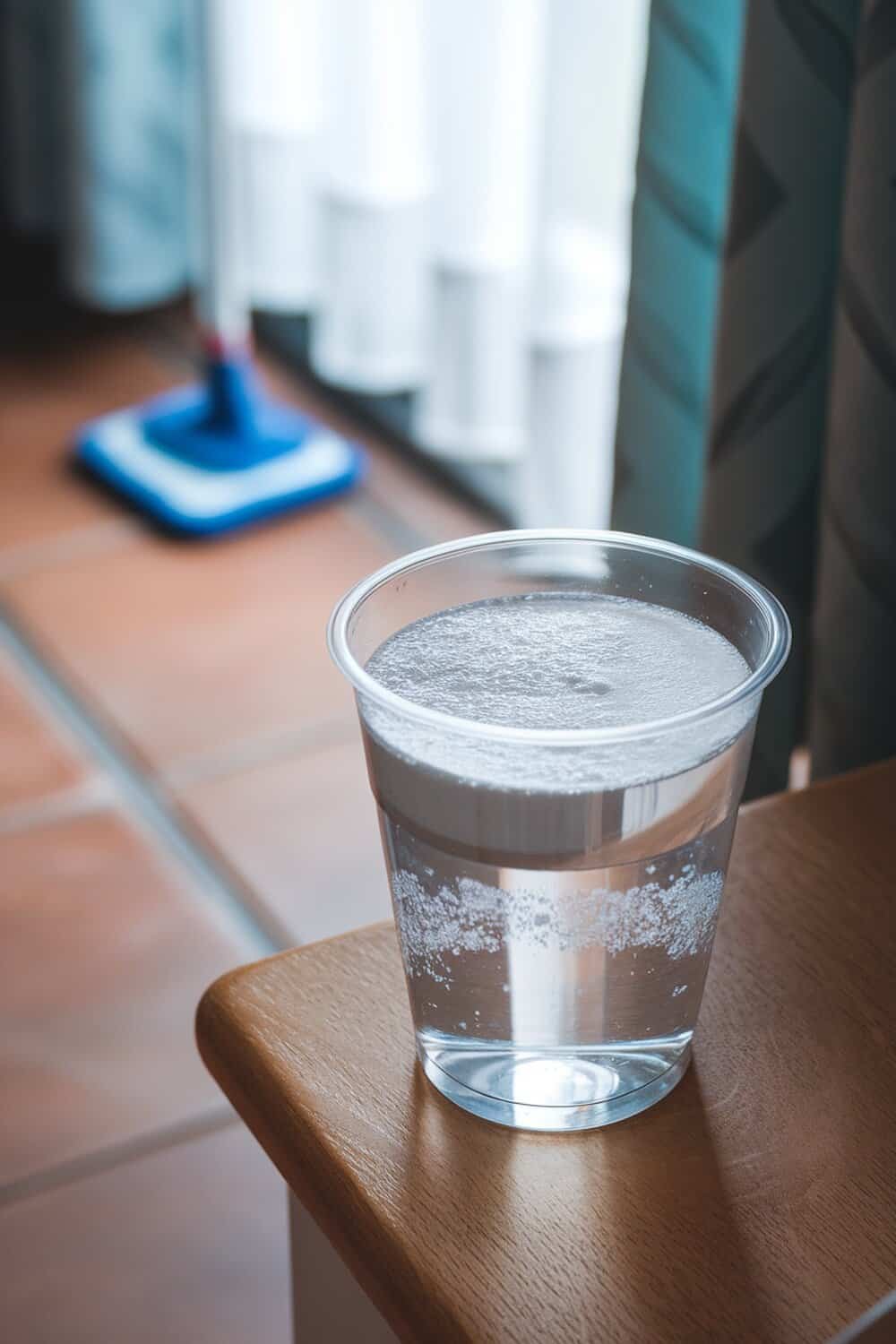 A cup of fizzy baking soda and vinegar solution on a wooden table.