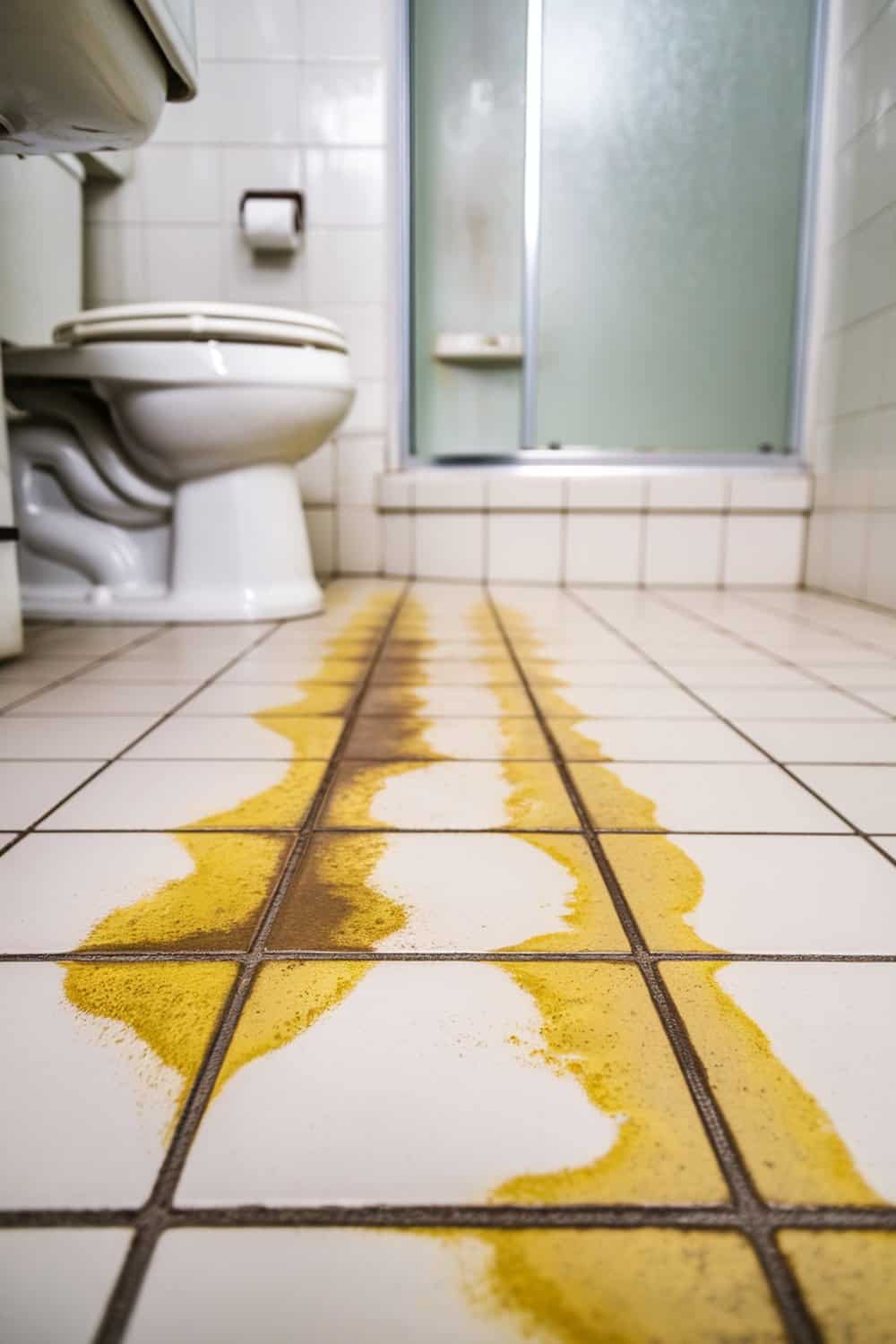 Dirty bathroom grout with yellow stains on tiles.