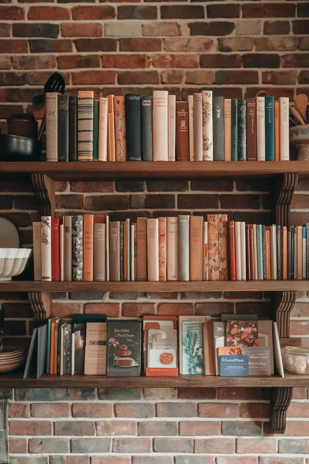 A wooden shelf filled with various cookbooks and recipe cards against a brick wall.