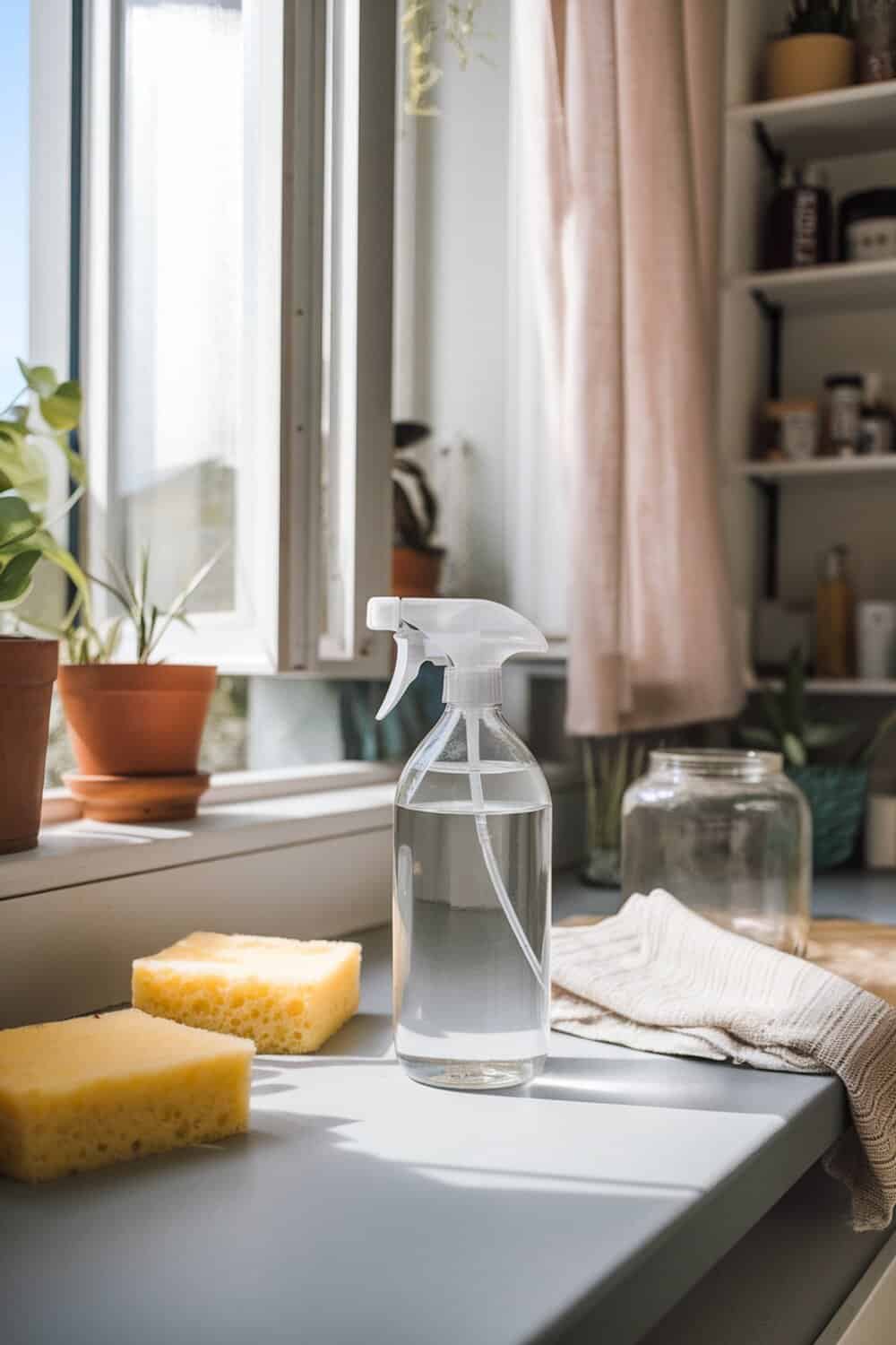 A spray bottle filled with a clear liquid, sponges, and a clean cloth on a countertop near a window.