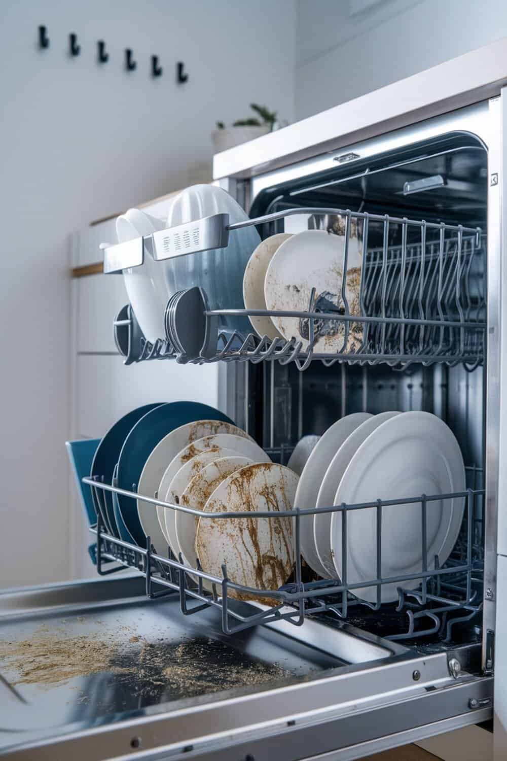A dishwasher with dirty plates and food residue inside.